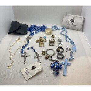 Vintage Rosaries, Crosses, Rings, Token, Key Chain, Pins, Bracelet Religious Lot